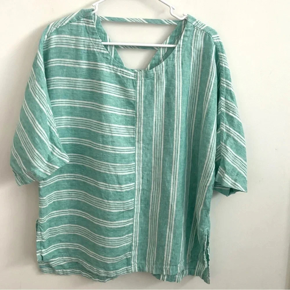 Caslon 100% Linen Green/ White Striped Cut Out Back Short Sleeve Blouse L